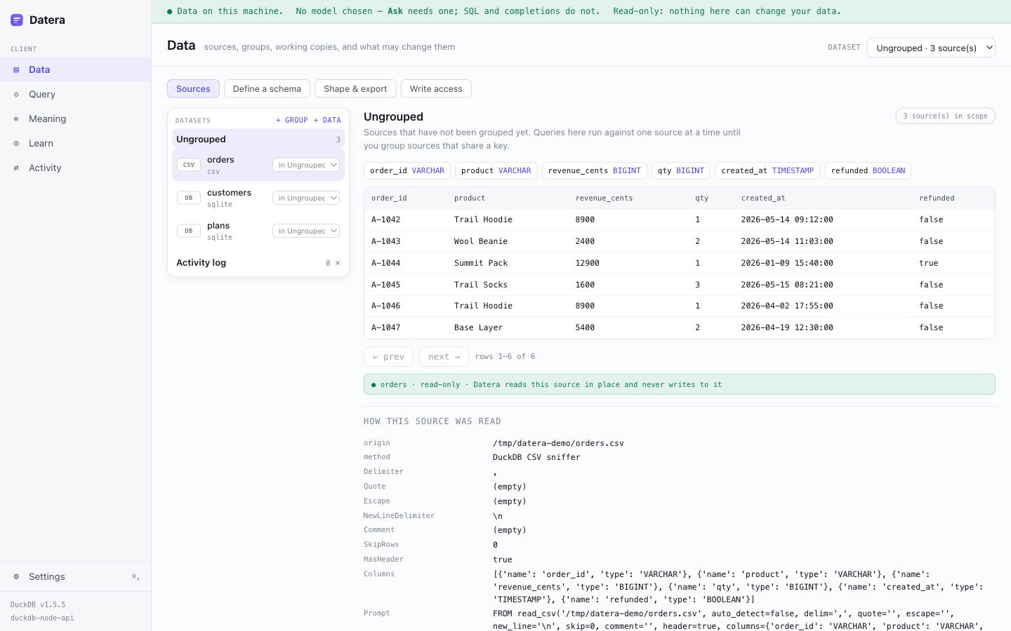 A CSV and a SQLite database connected in Datera, showing typed columns, a preview of the rows, and a panel explaining how the file was parsed.